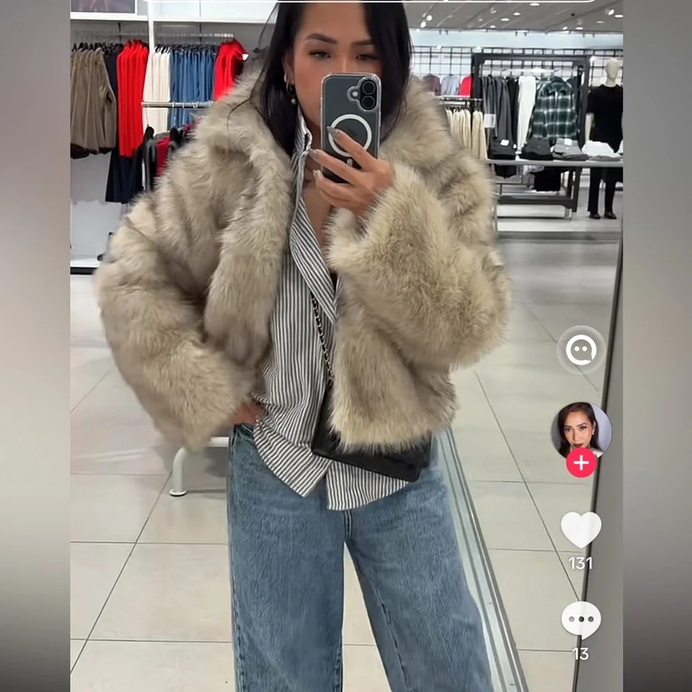 NWT H&M Cream Faux Fur Jacket - Picture 6 of 13